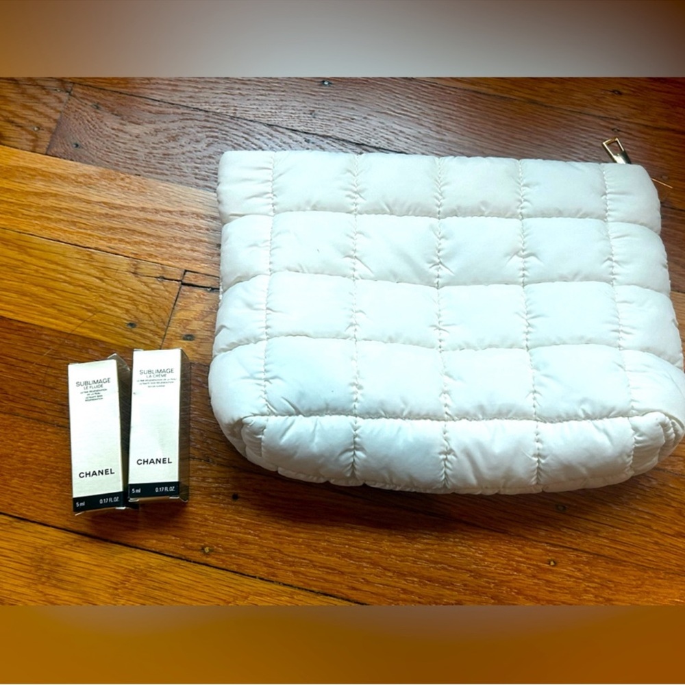 CHANEL Travel Size Skincare set with unbranded white puffy pouch